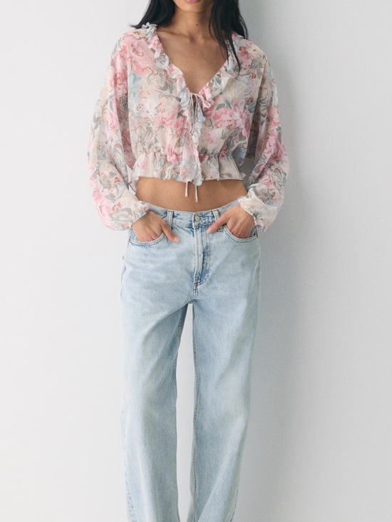 Wilfred Tops - Wilfred Sheer Floral Ruffle Cropped Blouse - Pink & Cream